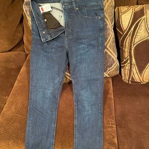 Size 28 Express high-rise dark blue skinny jeans.